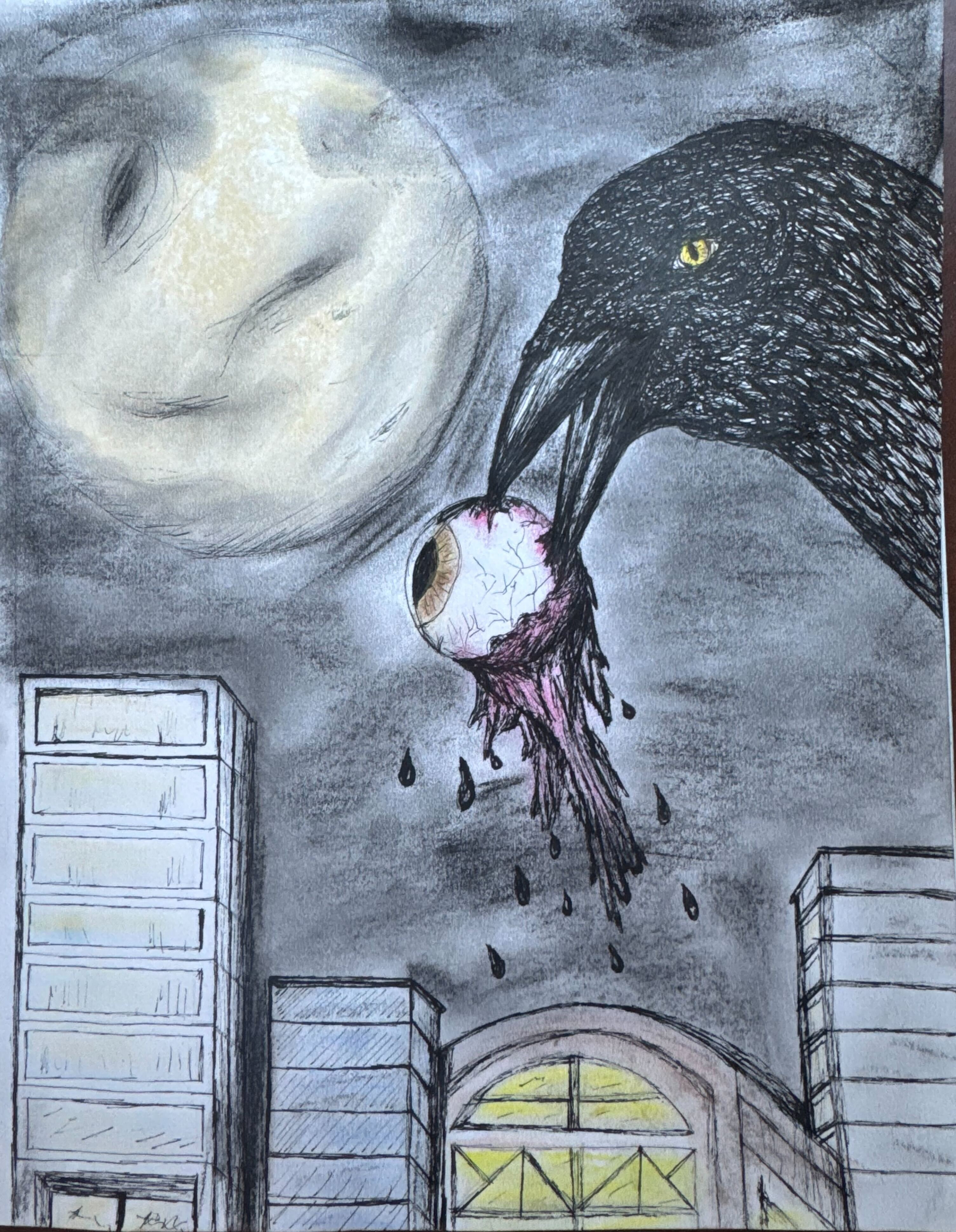 Colored drawing of a crow holding an eyeball, superimposed over a cityscape and full moon 